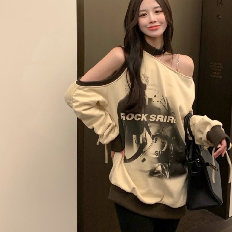 Áo Thun Tay Dài Trễ Vai Dáng Rộng In Chữ Thời Trang Mùa Thu