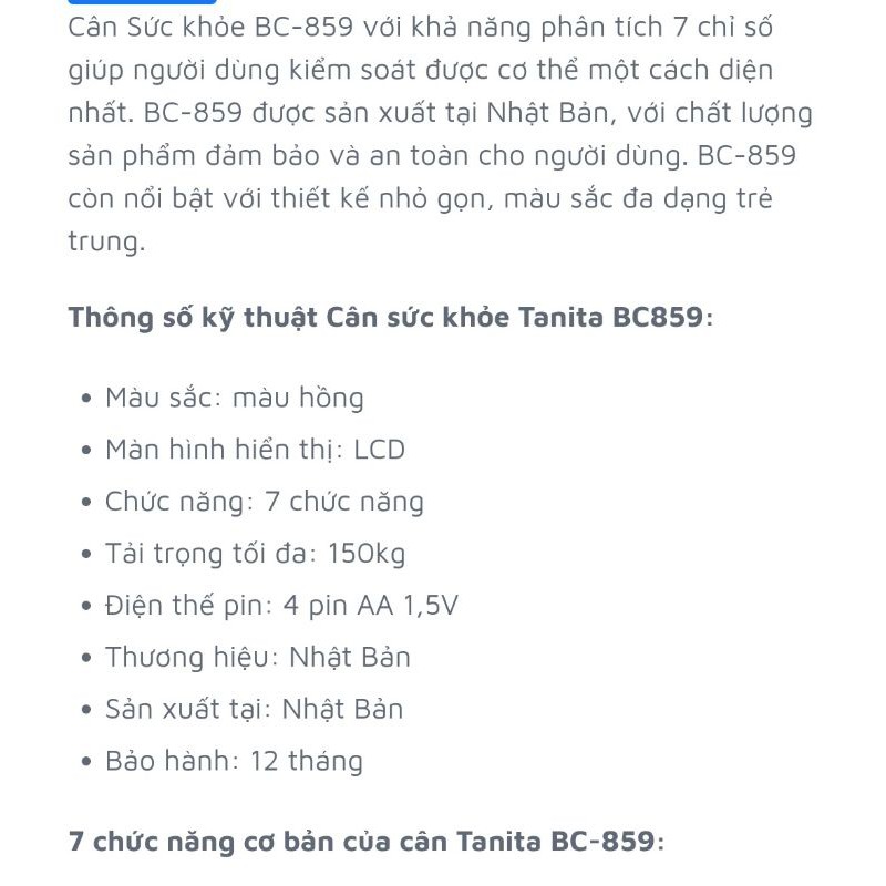 Cân điện tử đo phân tích sức khỏe, theo dõi Cơ - Mỡ - Nước Cao cấp TANITA BC859 Nhật Bản, Đời Mới ( BH 12 tháng)