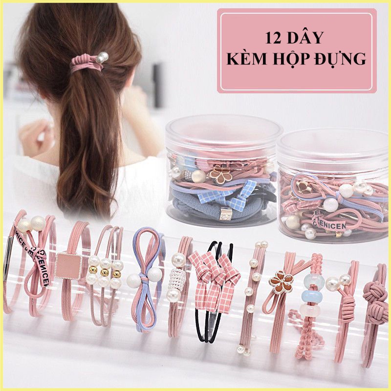 Hộp 12 Dây Cột Tóc Đủ Loại Co Dãn Cột Không Đau Có Kèm Hộp Hanada K15-T016