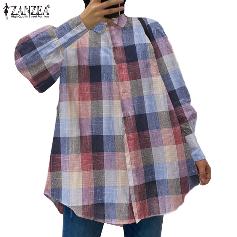 Áo sơ mi ZANZEA tay dài họa tiết sọc ca rô thời trang retro cho nữ