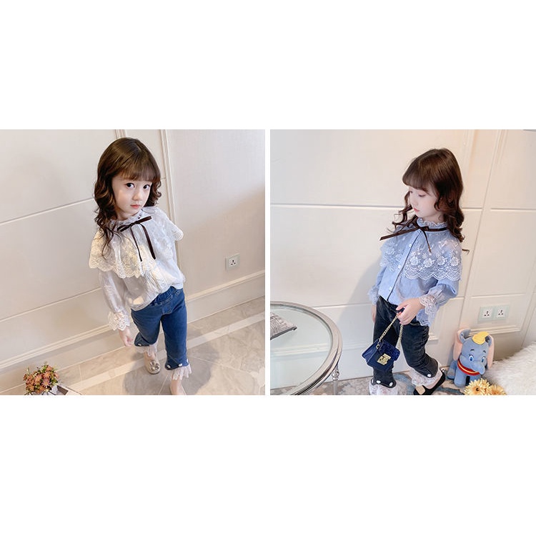 Áo sơ mi dài tay phối ren phong cách Hàn Quốc mới cho bé gái