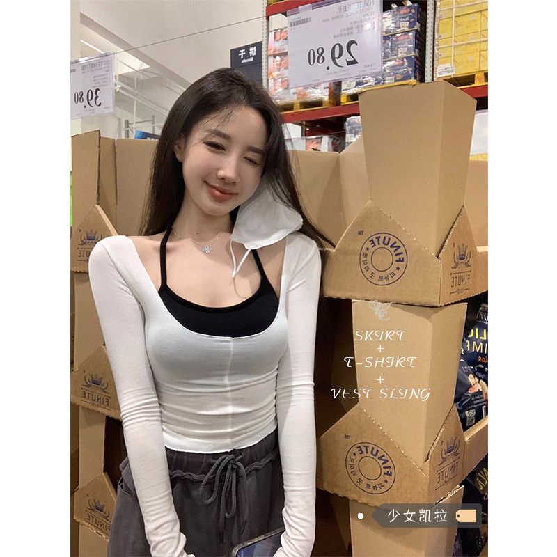 Set đồ COZOKC gồm áo tay dài và áo cổ yếm phong cách quyến rũ