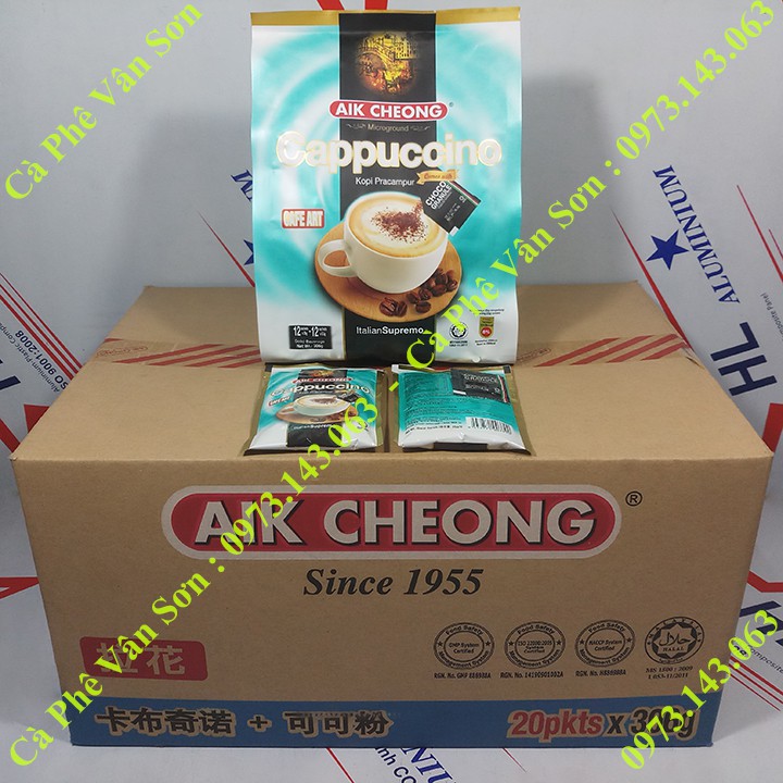 Thùng Cà phê Cappuccino Aik Cheong 20 bịch 306g (12 gói * 25g) kèm gói Caocao nhỏ 0.5g