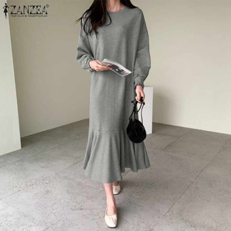 Đầm ZANZEA cổ tròn tay dài phối bèo kiểu dáng rộng rãi cho nữ