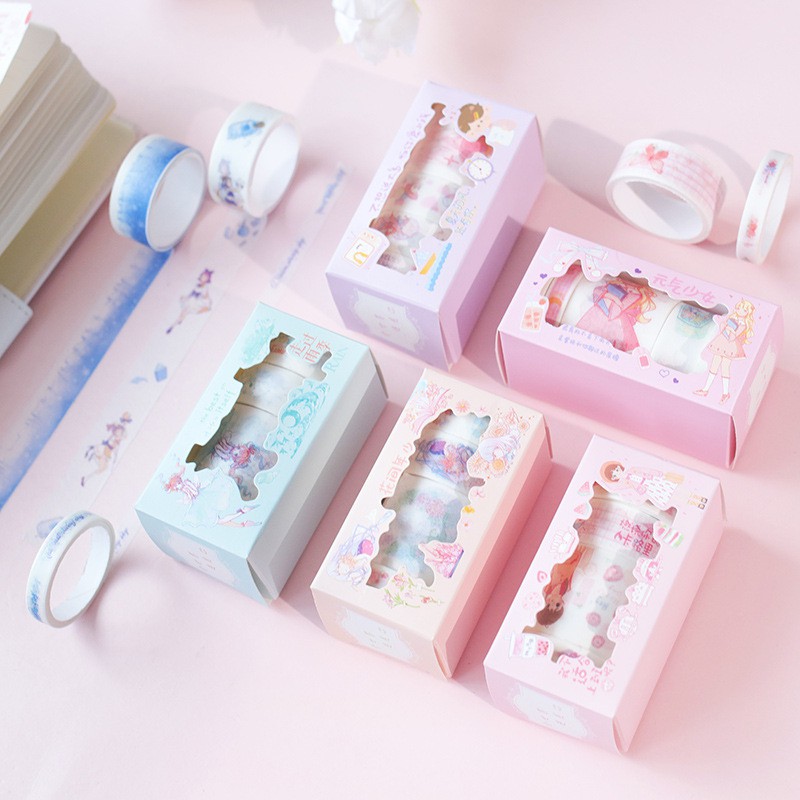 Set 5 Cuộn Băng Dính Washi Tape Cuộn 3m  Nhiều Họa Tiết Đẹp, Độc Đáo Dùng Trang Trí Sổ Tay, Sổ Nhật Ký, Sổ Kế Hoạch