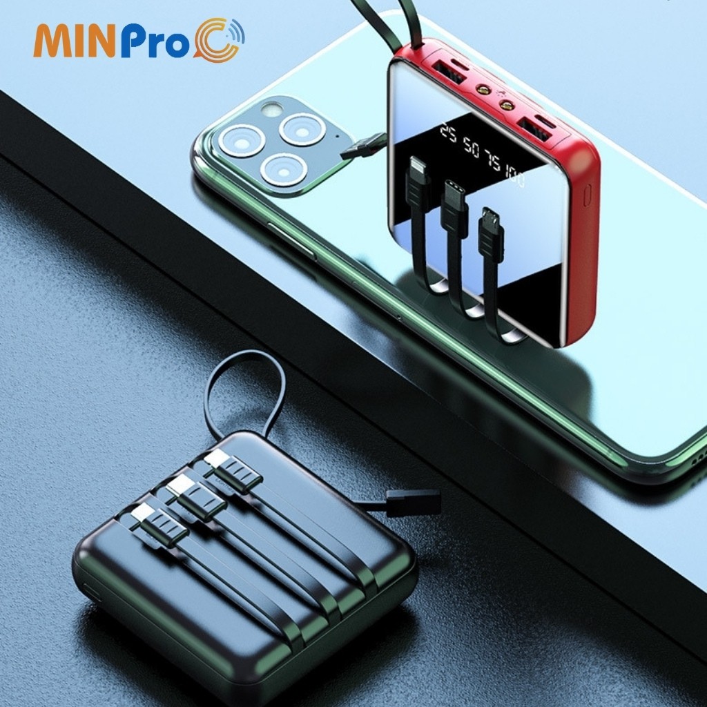 Cục sạc dự phòng 10000mAh mini,pin dự phòng nhỏ gọn, tặng kèm dây cáp 3 đầu type-micro-lightnin, hình vuông - MINPRO