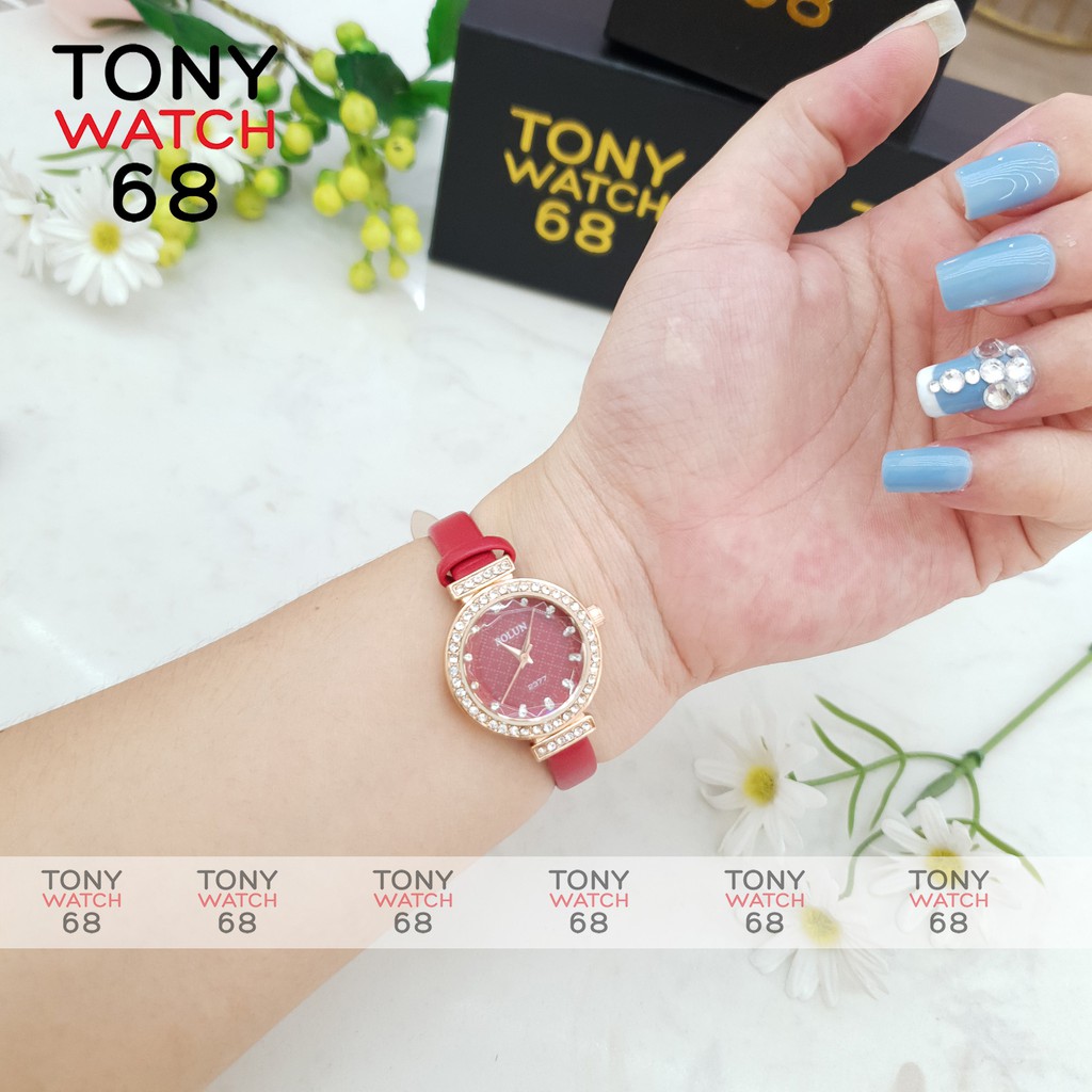 Đồng hồ nữ Bolun đẹp chính hãng dây da mặt viền đá chống nước Tony Watch 68
