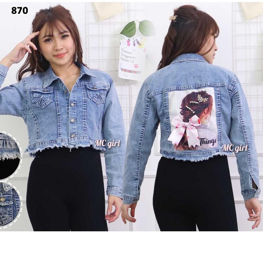 ♛Người Bán Ngôi Sao,,!! Mc girl - Áo Khoác Jean Crop Top Rawis Dây Ruy Băng Sau Lưng / Áo Khoác Denim Ngắn Đính Kim Sa Mặc Khi Đi Tuyết Cho Nữ!