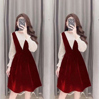Đầm nhung dáng xoè phối tay ren dễ thương✌️2 màu ảnh thật