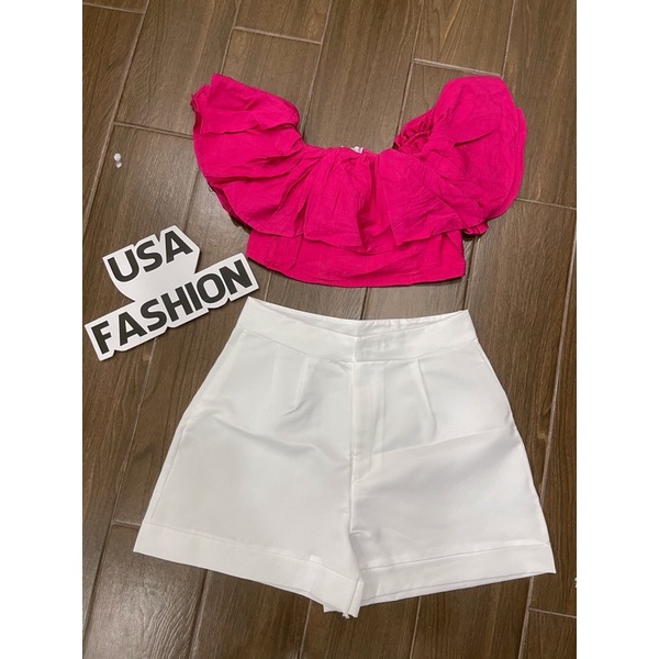 Set áo croptop trễ vai bèo khoá kéo sau phối quần short trắng tafta - KÈM HÌNH THẬT USA FASHION