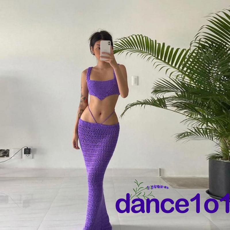 dance1o1-Bộ áo lửng hai dây và chân váy dài dệt kim cho nữ