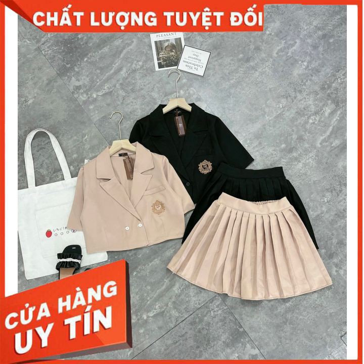 Set vest nữ 2 món, áo vest croptop mix chân váy xếp ly (có thể tách riêng chân váy phối với áo khác)