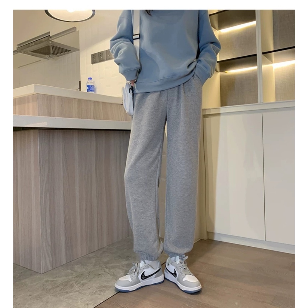 Quần nỉ nữ ống rộng cạp thun chun bo gấu dáng jogger dài chát vải dày - Quần thể thao nữ ống suông rộng bigsize học sinh