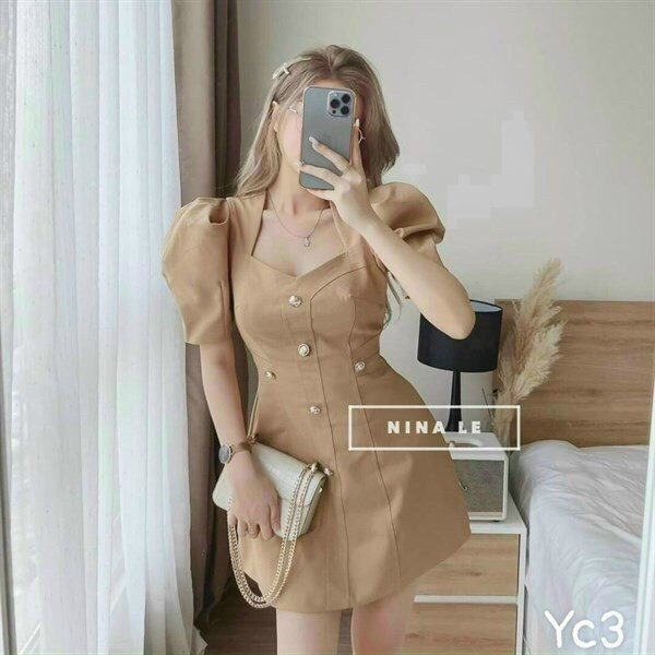 Đầm tiểu thư dáng xòe dự tiệc cưới, đầm cổ vuông tay phồng sang trọng cá tính tôn dáng đẹp
