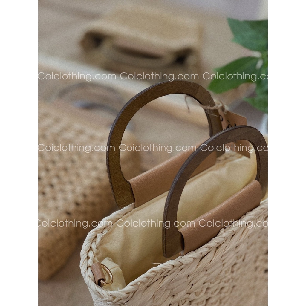 Túi cói vuông tay gỗ cầm tay