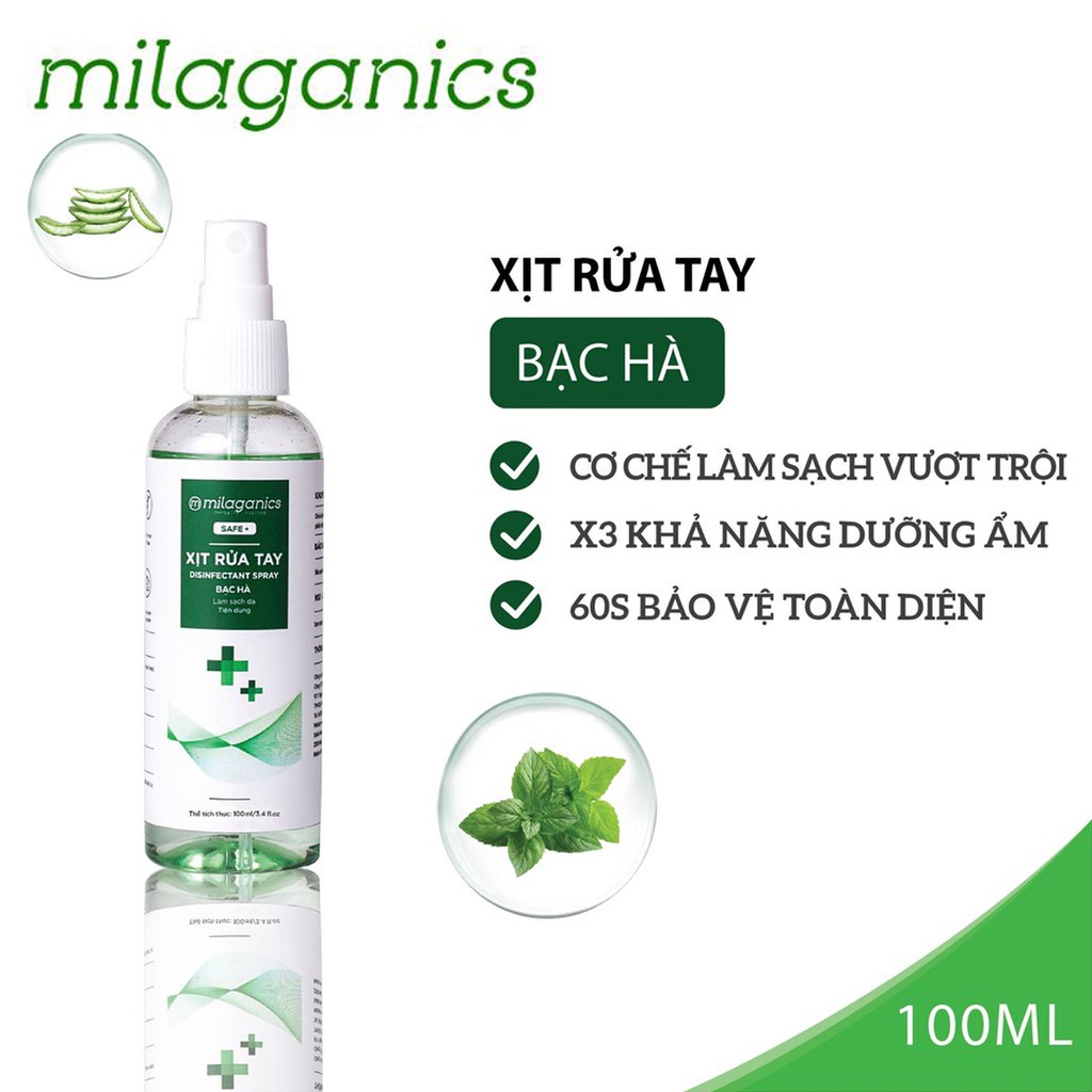 XỊT RỬA TAY BẠC HÀ MILAGANICS 100ML