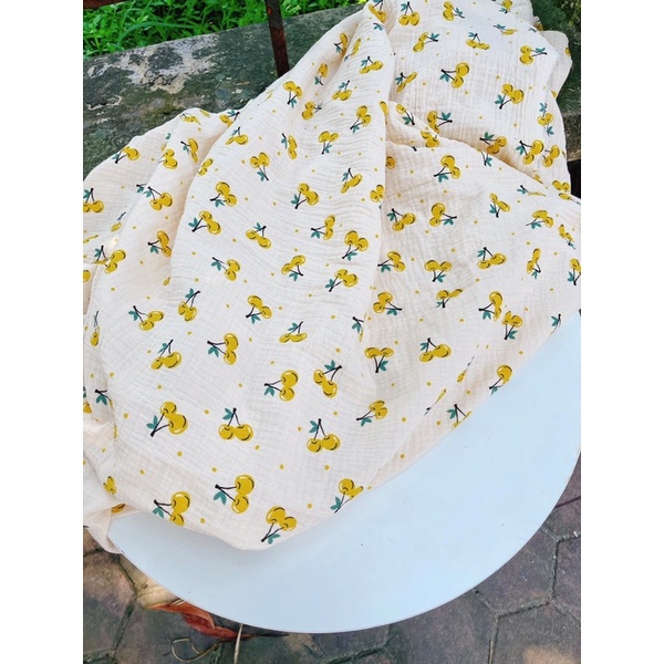 Vải xô muslin hoạ tiết quả cherry siêu xinh