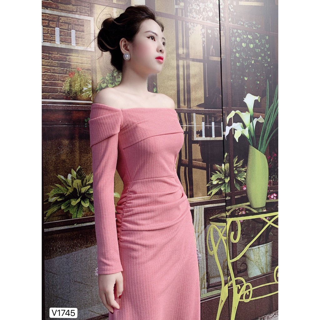 Váy hồng trễ vai nhún eo V1745 - Đẹp Shop DVC ( p)
