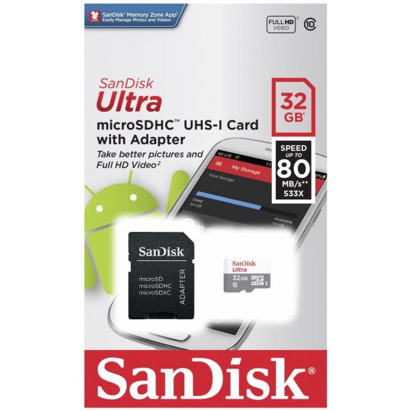 Thẻ Nhớ 32GB Micro SDHC 80Mb/s Sandisk tặng Adapter