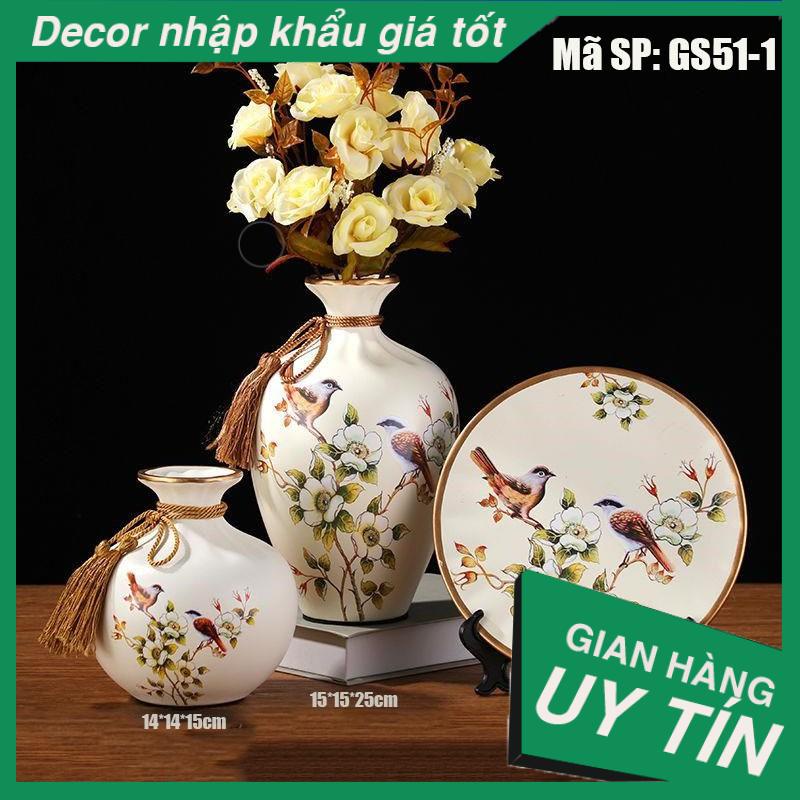 Bộ bình đĩa gốm cao cấp, họa tiết sắc nét (Tặng kèm hoa như ảnh), trang trí tủ kệ, quà biếu tặng