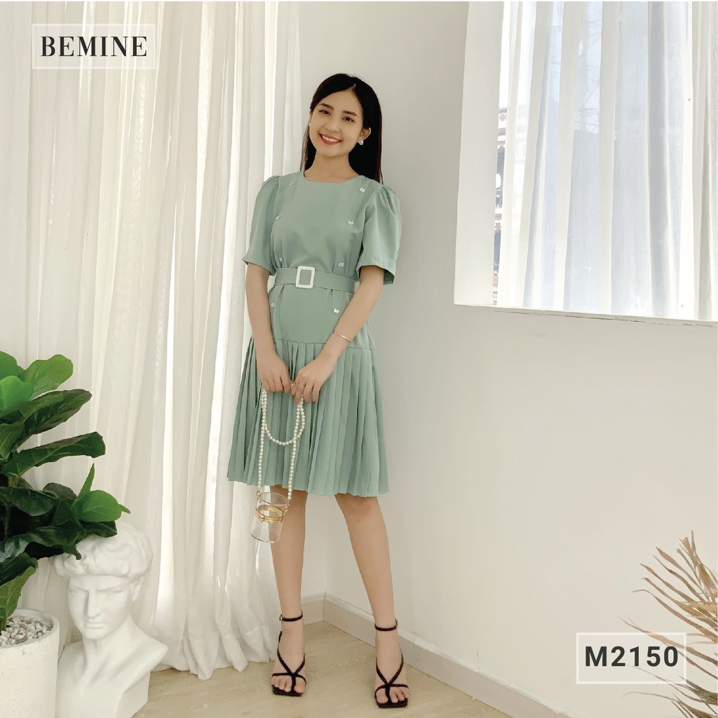 Đầm nữ công sở dáng xòe tùng xếp ly đai eo BEMINE M2150XANH | BigBuy360 - bigbuy360.vn