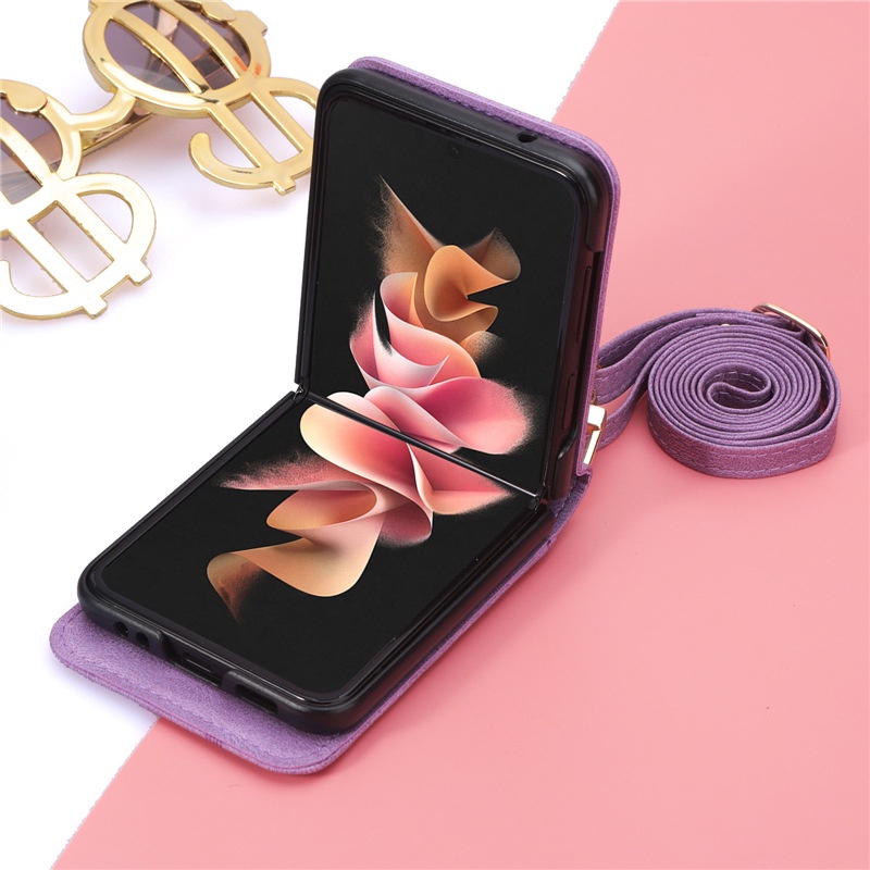 Bao Da Điện Thoại Nắp Lật Tích Hợp Ngăn Đựng Thẻ Và Dây Đeo Cho Samsung Galaxy Z Flip4 Flip3 Phone Z Flip 4 5G
