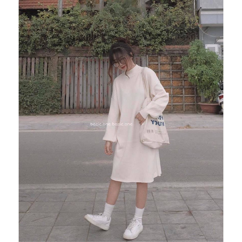 Váy Nỉ Dáng Suông Bo Tay 🌺 Váy len nữ dáng suông 2 màu basic ĐEN | TRẮNG style Ulzzang SIÊU HOT 🌺 | BigBuy360 - bigbuy360.vn