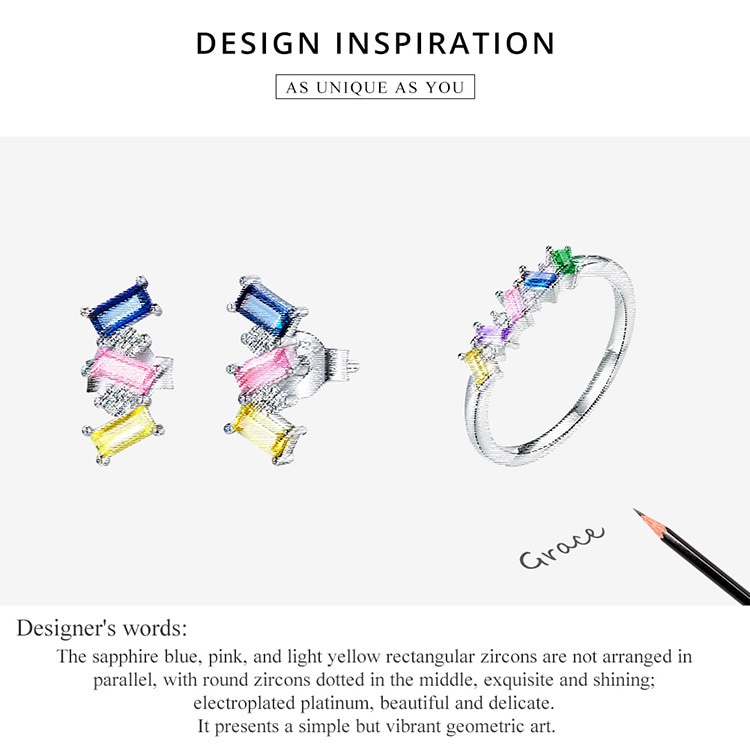 Đôi bông tai Bamoer SCE1208 bằng bạc 925 đính đá Zircon hình vuông nhiều màu chống dị ứng cho nữ