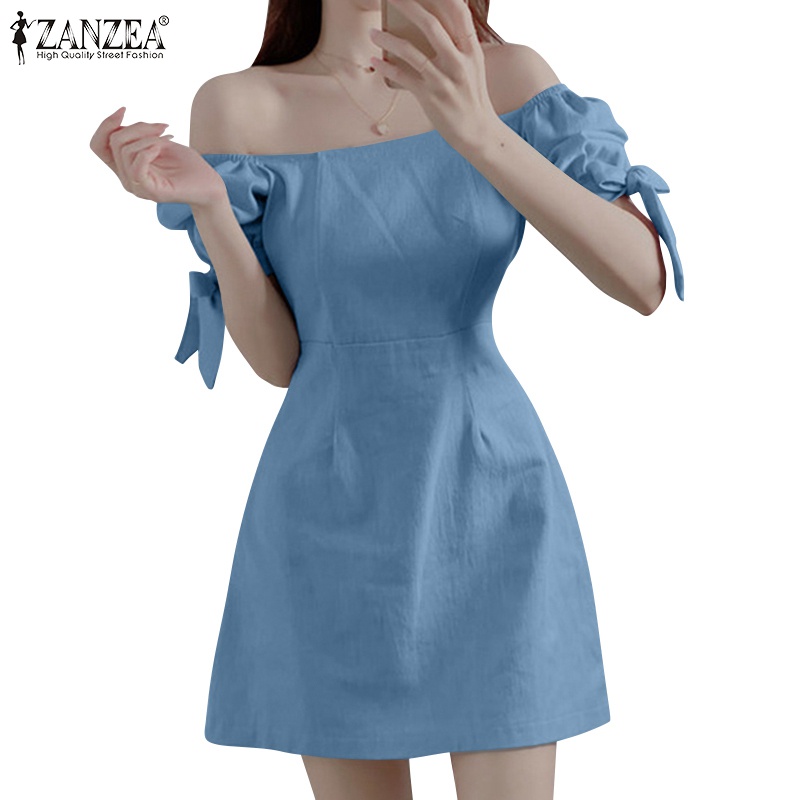 Đầm nữ Zanzea tay phồng hở vai phong cách Hàn Quốc quyến rũ
