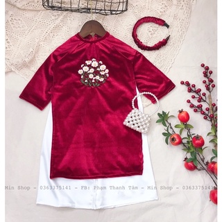 Set áo dài nhung thêu hoa cho bé gái - màu đỏ
