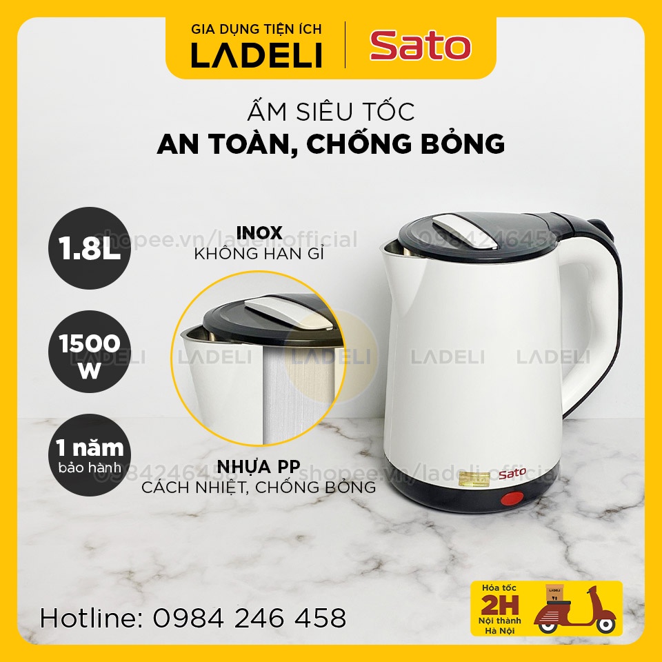 [Mã ELHADEV giảm 4% đơn 300K] Ấm siêu tốc inox 1.8L SATO 17ST72 bọc nhựa PP chống bỏng