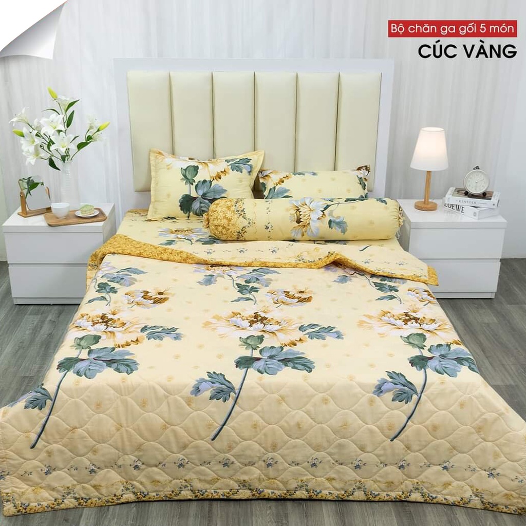 Bộ 5 món Chăn Ga Gối Hoa Lá họa tiết sang trọng cách tân trong không gian phòng ngủ