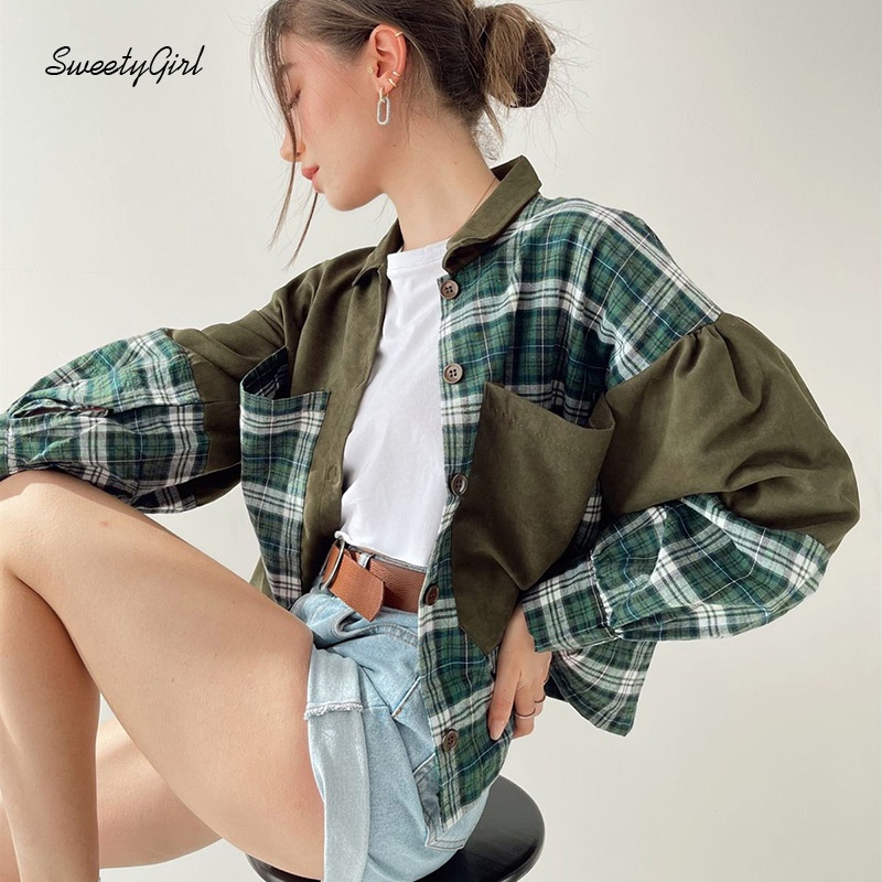 Áo Sơ Mi Tay Dài Họa Tiết Sọc Caro Màu Tương Phản Thời Trang Cho Nữ
