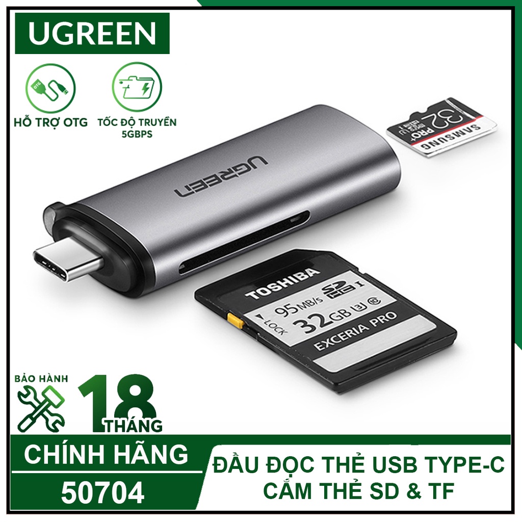 Đầu đọc thẻ USB Type C đọc thẻ SD/TF Ugreen 50704 CM184 Chính Hãng Vỏ Nhôm