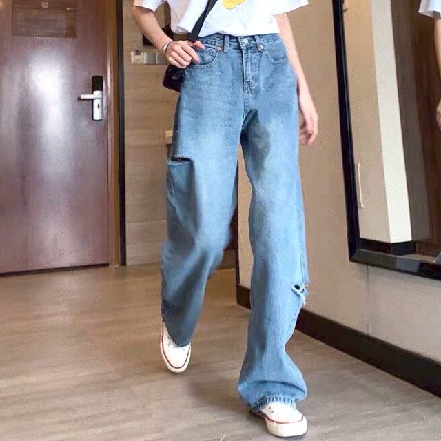 Quần Dài Suông Rộng BigSize 105cm - Quần Jean Ống Rộng Size Đại - Lưng Cao Rách Sole 2 Hông