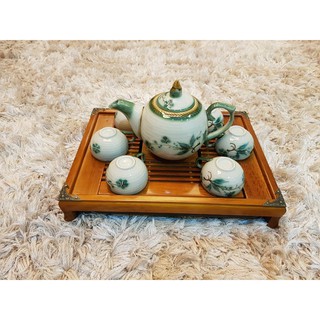 COMBO Bộ Ấm Chén MEN VẼ + KHAY GỖ BỌC ĐỒNG