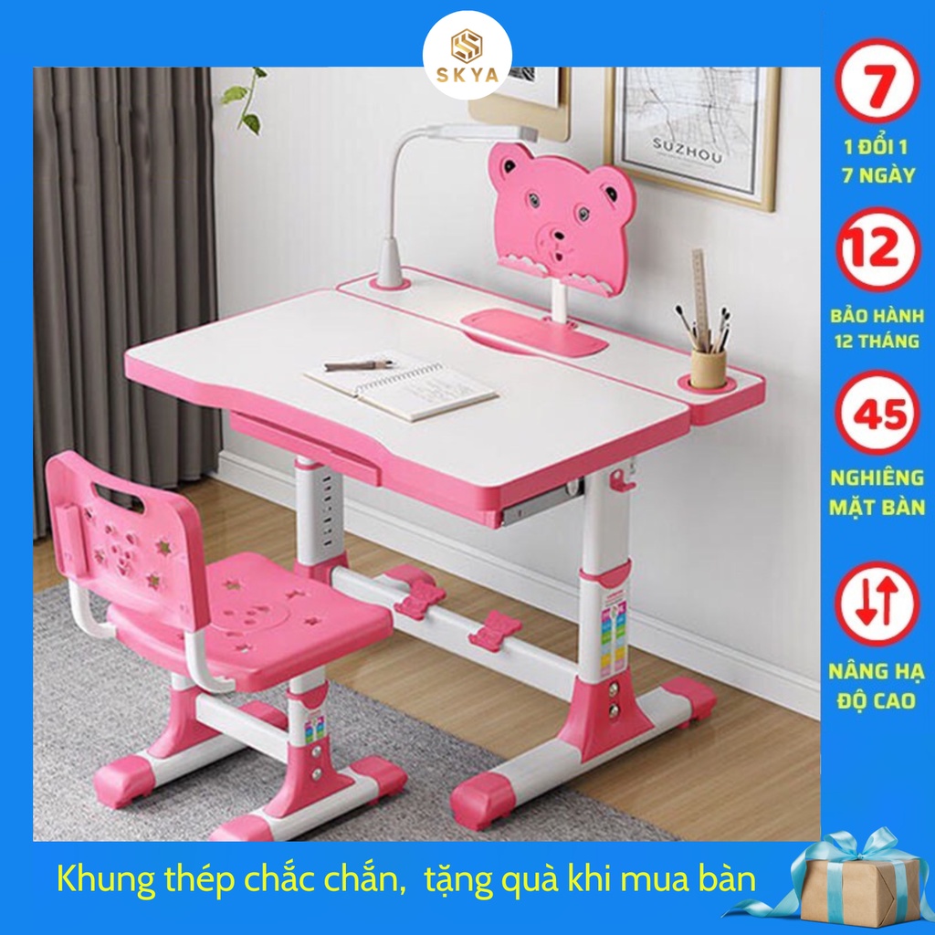 Bộ bàn ghế chống cận chống gù SKYA A6 ngồi học thông minh cho bé chỉnh được độ cao có giá đỡ sách và ngăn kéo và đèn