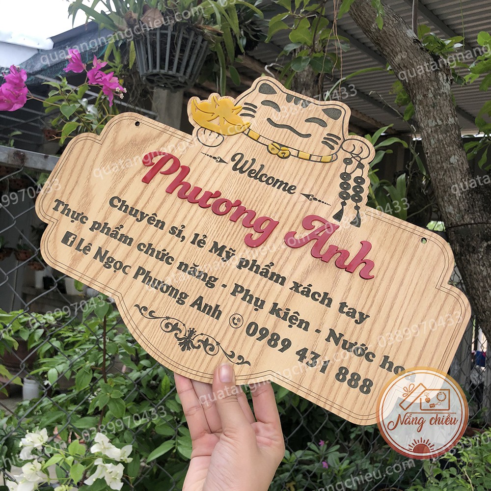 Bảng gỗ hình mèo thần tài, mang lại may mắn chio shop bán hàng, Bảng hiệu gỗ treo shop giá rẻ