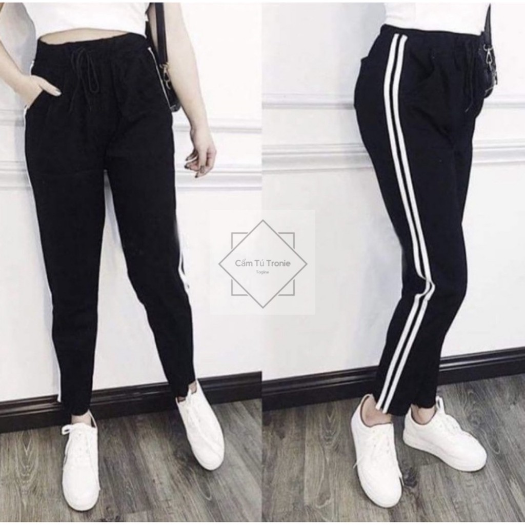 Quần jogger nữ dây rút dài 2 sọc trắng chất vải UMI hàn màu đen mềm cao cấp - Quần thể thao nữ tập gym bo ống thun trơn