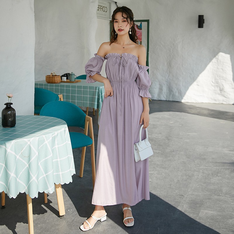 Đầm Maxi Chiffon Trễ Vai Xẻ Tà Quyến Rũ