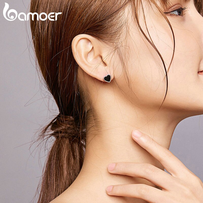 Khuyên Tai Xỏ Lỗ Bamoer SCE915 bằng bạc 925 Đính Đá Mã Não Hình Trái Tim Màu Đen Cá Tính Cho Nam/Nữ