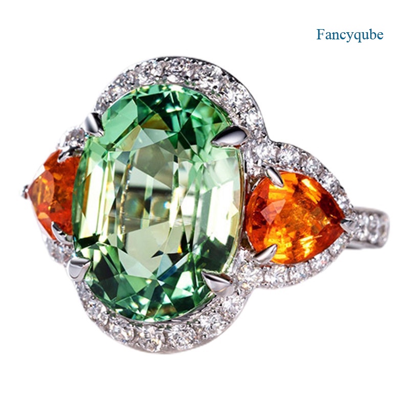 Nhẫn hở đính đá màu xanh lá cây và cam Tourmaline sáng bóng phong cách mới sang trọng