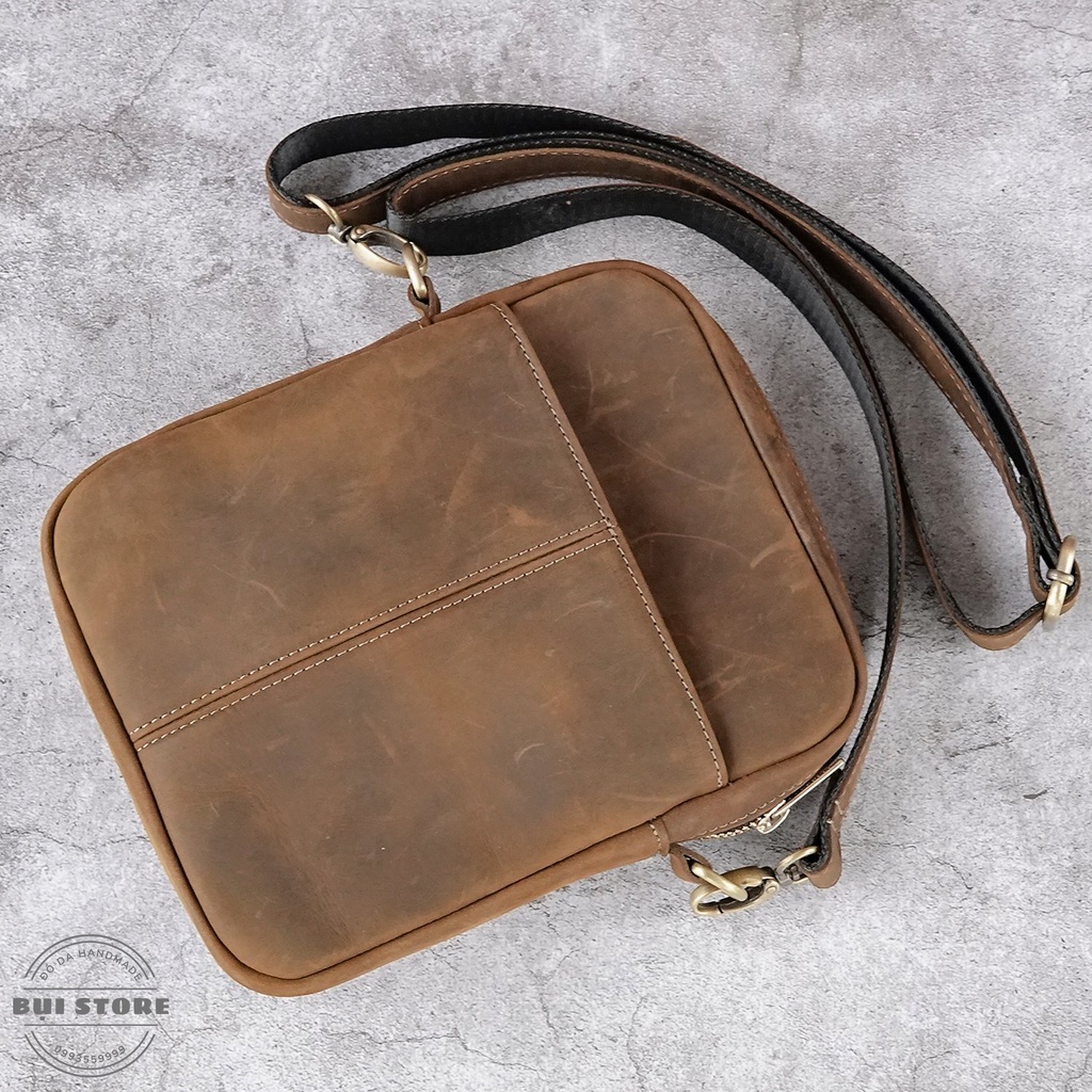 Túi đeo chéo da bò sáp nguyên miếng, Túi bao tử nam da bò thật Handmade khâu tay BH da 10 năm - Bụi Store