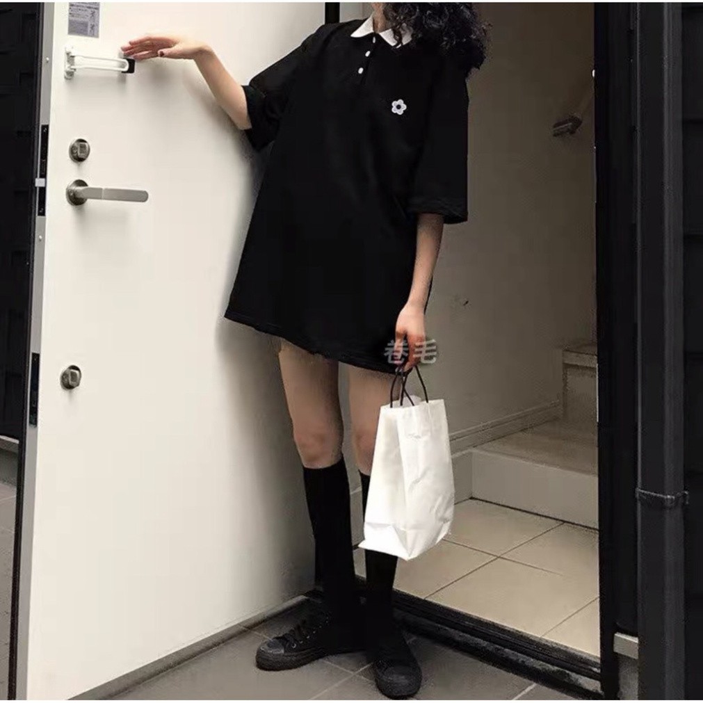 ÁO POLO THÊU HOA TÍM ĐEN - ÁO THUN CỔ BẺ FLOWER ULZZANG