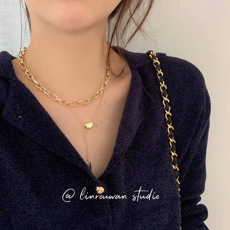 Vòng cổ Kim Loại Hai Lớp Mặt Trái Tim Phong Cách Retro Pháp