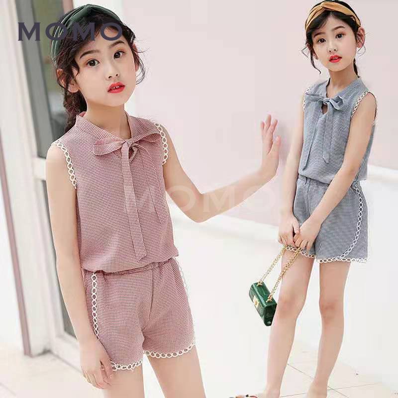 Bộ Áo Sát Nách Kẻ Ca Rô + Quần Short Cho Bé Gái (2-9 Tuổi)