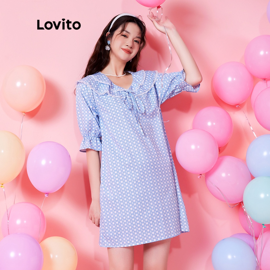 Váy (Lovito Exclusive) DOPAMINE GIRLS Tartan đôi cổ tương phản ren Preppy L28AE048 (Xanh lam)