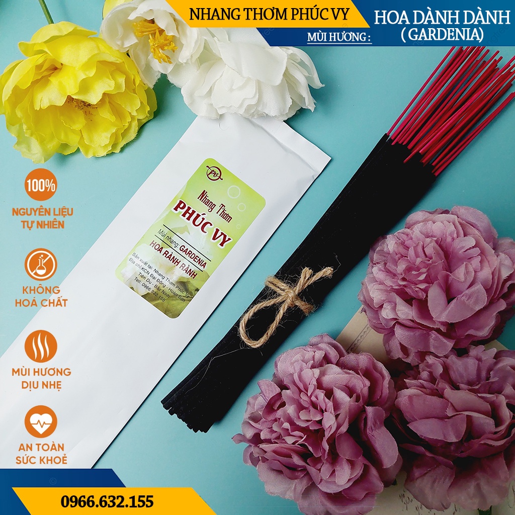 Nhang Thơm Phúc Vy Hương Hoa Dành Dành - Túi 39 Cây 28cm, Ít Khói, Thơm Nhẹ, Dễ Chịu, Không kích mũi