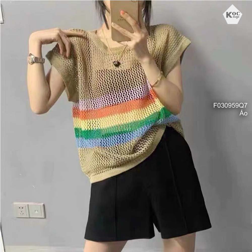 Áo kiểu len lưới phối kẻ sọc màu sát nách hàng QC!