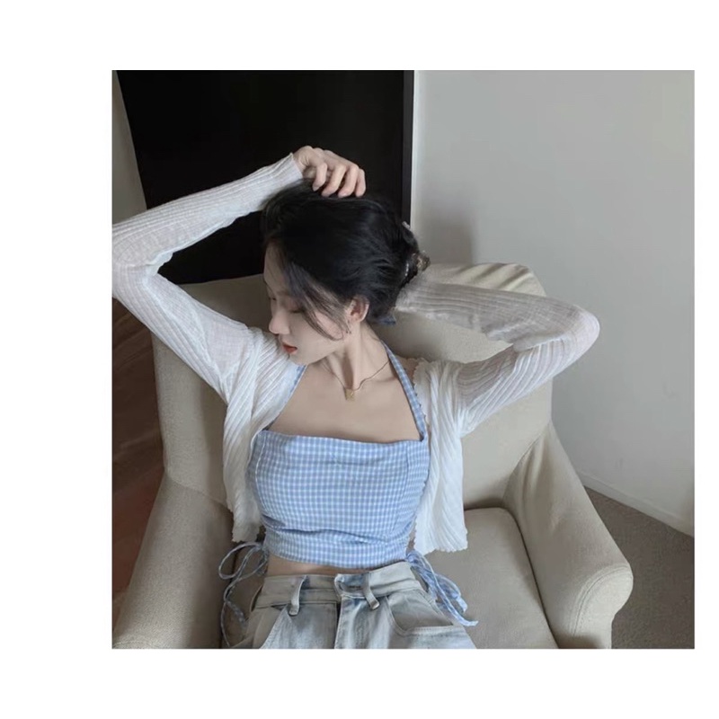 SET ÁO CROPTOP CARO XANH RÚT DÂY HÔNG KÈM ÁO KHOÁC TRẮNG